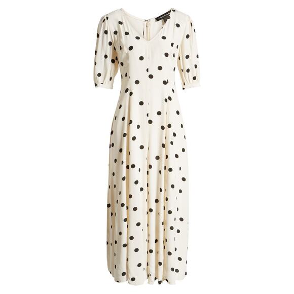 Something Navy Polka Dot V-Neck Midi Dress Chic Elbow Sleeve Feminine Vibe Sz 1 - Picture 1 of 9